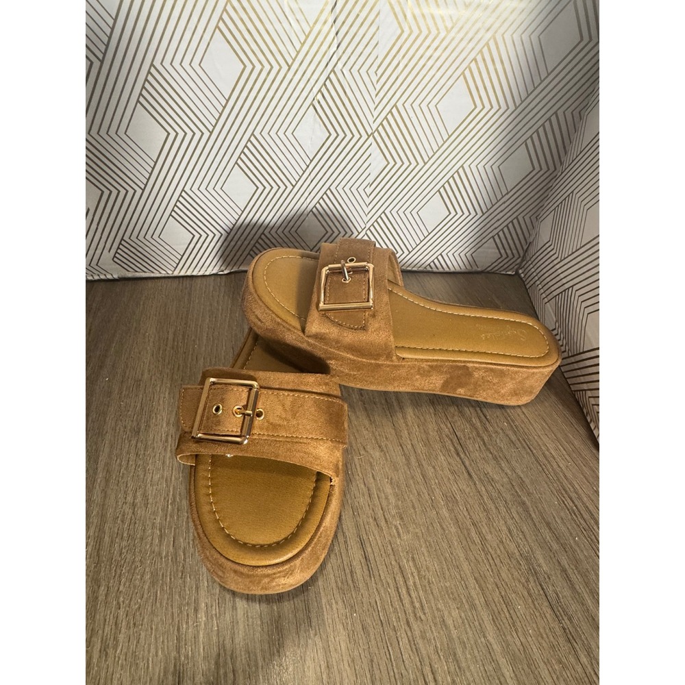 Seychelles Poppy Tan Brown Faux Suede Platform Slide Sandals Buckle Womens 7.5